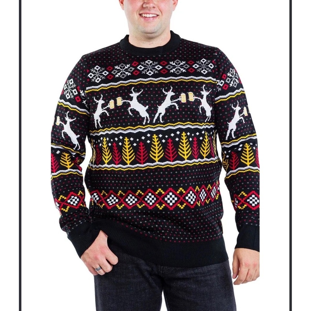 Tipsy Elves Beer Reindeer Sweater Mens XL Black Fair Isle Holiday Party Novelty